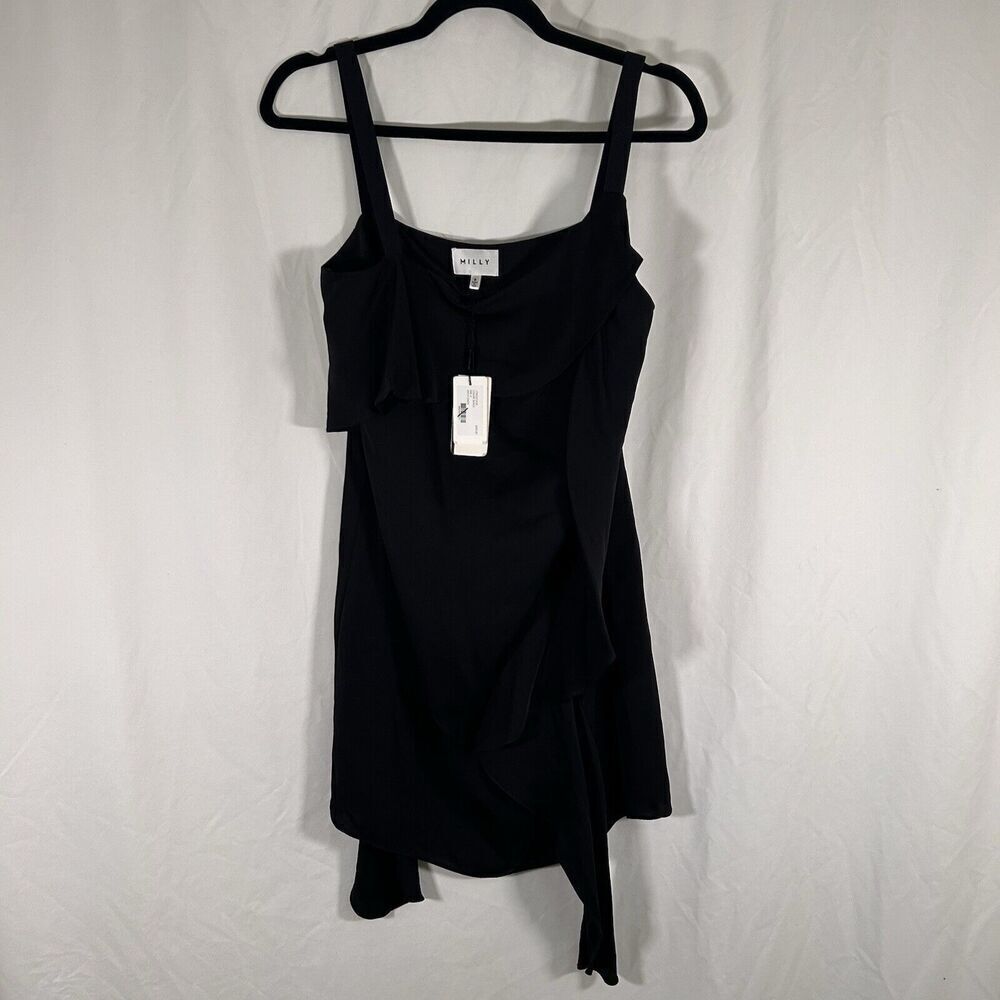 New Milly Knee Length Maya Dress Women's 6 Solid Black Silk Blend Sleeveless